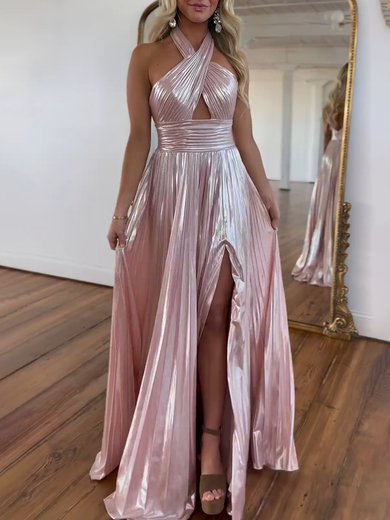 A-line Halter Metallic Floor-length Prom Dresses With Ruched #Milly020121292