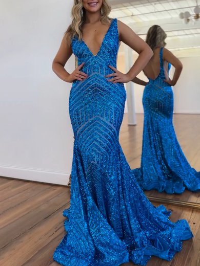 Trumpet/Mermaid V-neck Sequined Sweep Train Prom Dresses #Milly020121296