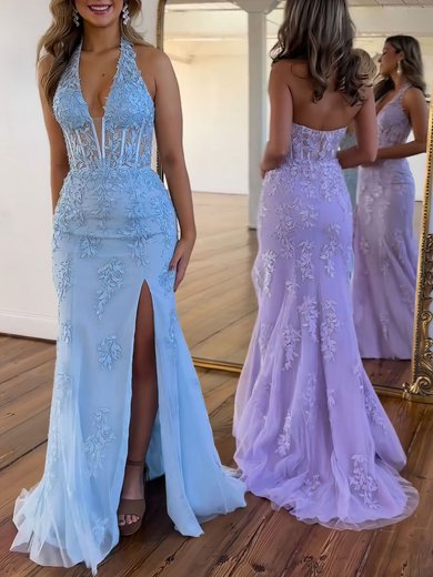 Trumpet/Mermaid Halter Tulle Sweep Train Prom Dresses With Appliques Lace #Milly020121304