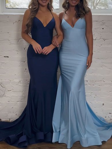 Trumpet/Mermaid V-neck Jersey Sweep Train Prom Dresses With Ruched #Milly020121306
