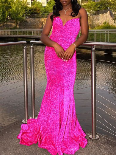 Trumpet/Mermaid V-neck Velvet Sequins Sweep Train Prom Dresses #Milly020121307