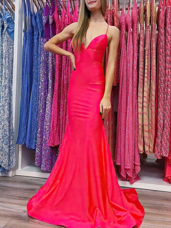Trumpet/Mermaid V-neck Stretch Crepe Sweep Train Prom Dresses With Ruched #Milly020120942