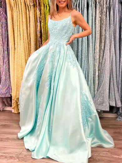 Ball Gown Scoop Neck Satin Modest Prom Dresses With Appliques #Milly020120943
