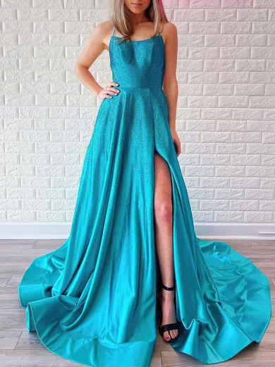 Ball Gown/Princess Square Neckline Silk-like Satin Sweep Train Prom Dresses With Split Front #Milly020120945