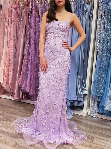 Trumpet/Mermaid Square Neckline Tulle Sweep Train Prom Dresses With Appliques Lace #Milly020120946