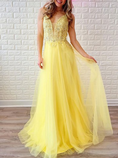 Ball Gown/Princess V-neck Tulle Sweep Train Prom Dresses With Appliques Lace #Milly020120949