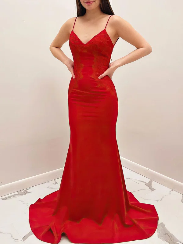 Trumpet/Mermaid V-neck Stretch Crepe Sweep Train Prom Dresses With Appliques Lace #Milly020120953