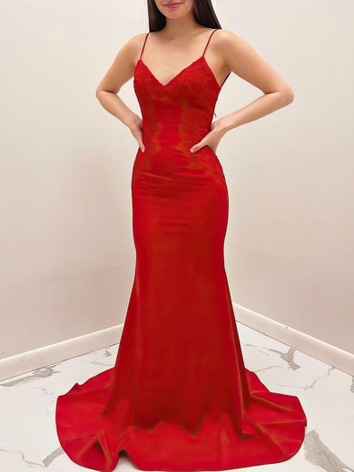 Trumpet/Mermaid V-neck Stretch Crepe Sweep Train Prom Dresses With Appliques Lace #Milly020120953