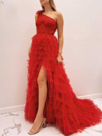 Ball Gown/Princess One Shoulder Tulle Sweep Train Prom Dresses With Lace #Milly020120961