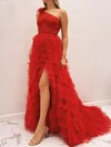 Ball Gown One Shoulder Tulle Ruffle Tiered Prom Dresses With Lace #Milly020120961
