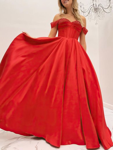 Ball Gown/Princess Off-the-shoulder Satin Sweep Train Prom Dresses With Beading #Milly020120964