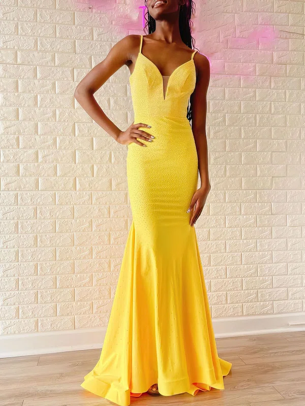 Trumpet/Mermaid V-neck Jersey Sweep Train Prom Dresses With Crystal Detailing #Milly020120965