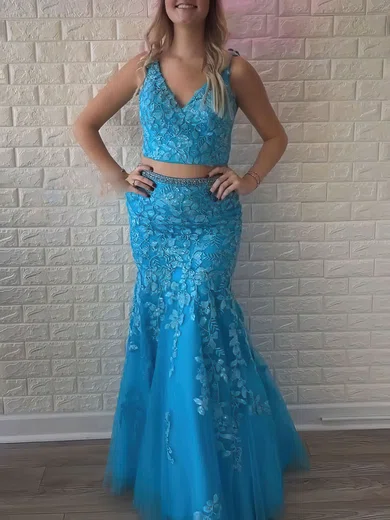 Mermaid V-neck Tulle Two Piece Prom Dresses With Appliques #Milly020120968