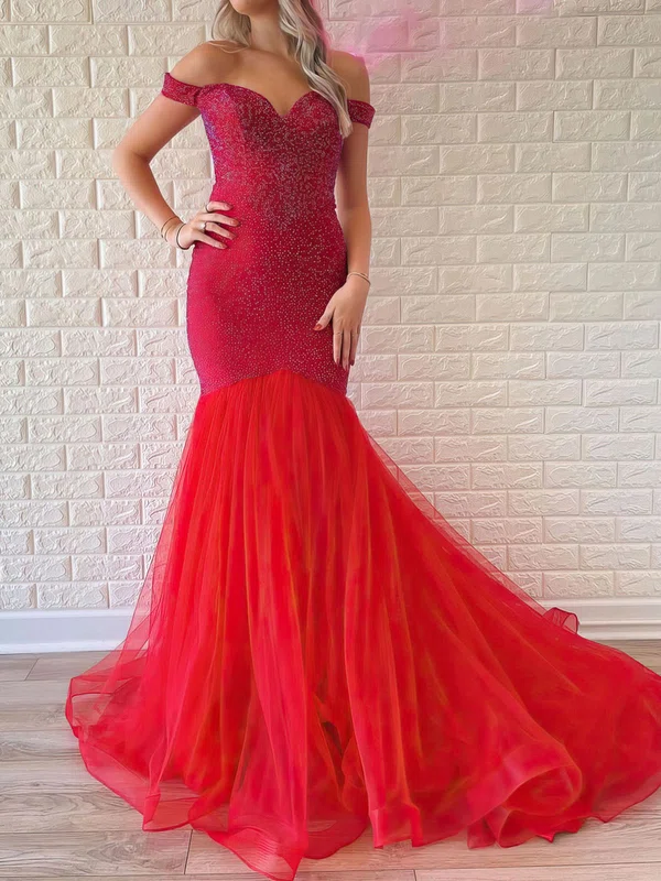 Mermaid Off-the-shoulder Tulle Beaded Prom Dresses #Milly020120971