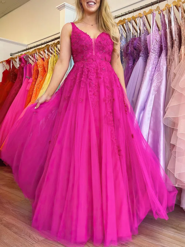 Ball Gown/Princess V-neck Tulle Floor-length Prom Dresses With Beading #Milly020120981