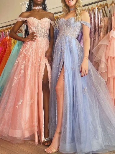 Ball Gown/Princess Off-the-shoulder Glitter Floor-length Prom Dresses With Appliques Lace #Milly020120983