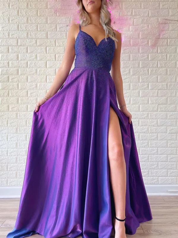 A-line V-neck Satin Beaded Prom Dresses With Ruched #Milly020120985