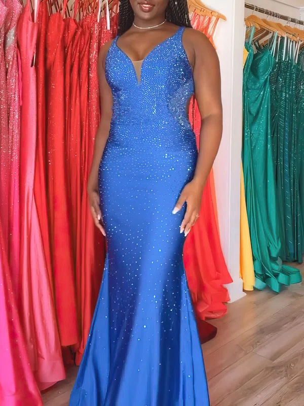 Trumpet/Mermaid V-neck Jersey Floor-length Prom Dresses With Crystal Detailing #Milly020120988