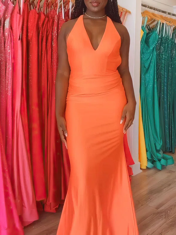 Trumpet/Mermaid V-neck Jersey Floor-length Prom Dresses With Ruched #Milly020120989