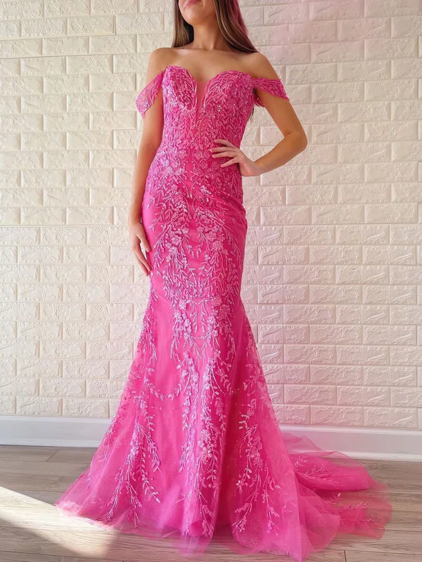 Trumpet/Mermaid Off-the-shoulder Tulle Glitter Sweep Train Prom Dresses With Appliques Lace #Milly020120998