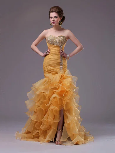 Beading Trumpet Mermaid Yellow Sweetheart Prom Dress With Slit