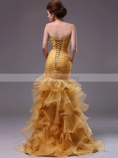 Beading Trumpet Mermaid Yellow Sweetheart Prom Dress With Slit