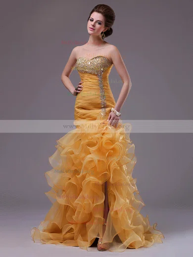 Beading Trumpet Mermaid Yellow Sweetheart Prom Dress With Slit