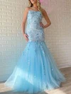Trumpet/Mermaid Square Neckline Tulle Sweep Train Prom Dresses With Appliques Lace #Milly020121010