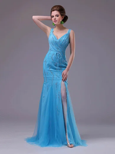 Sheath/Column V-neck Tulle Sweep Train Beading Prom Dresses #02023231