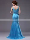 Casual Split Front V-neck Blue Chiffon Tulle Sequins Trumpet/Mermaid Prom Dress #02023231