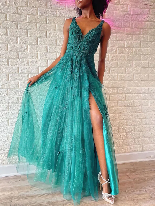 Ball Gown/Princess V-neck Tulle Glitter Floor-length Prom Dresses With Appliques Lace #Milly020121017