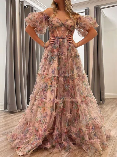 Ball Gown Off-the-shoulder Tulle Floral Prom Dresses With Puff Sleeve #Milly020121018