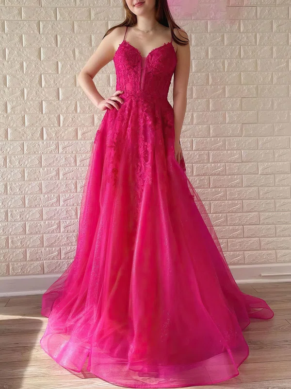 Ball Gown/Princess V-neck Glitter Sweep Train Prom Dresses With Appliques Lace #Milly020121022