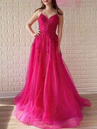 Ball Gown/Princess V-neck Glitter Sweep Train Prom Dresses With Appliques Lace #Milly020121022