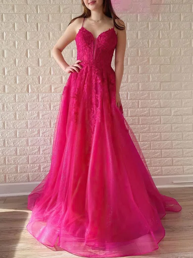 Ball Gown V-neck Tulle Prom Dresses With Appliques #Milly020121022
