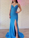 Trumpet/Mermaid V-neck Jersey Sweep Train Prom Dresses With Split Front #Milly020121031