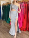 Sheath/Column One Shoulder Jersey Sweep Train Prom Dresses With Ruched #Milly020121053