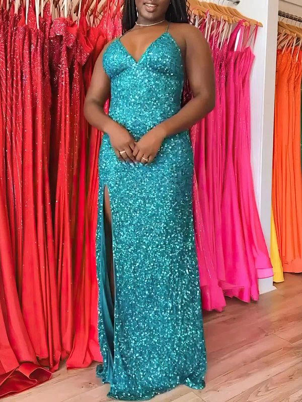 Sheath/Column V-neck Sequined Floor-length Prom Dresses With Split Front #Milly020121055