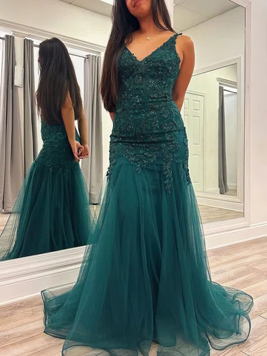 Mermaid V-neck Tulle Prom Dresses With Appliques #Milly020121059