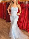 Trumpet/Mermaid Scoop Neck Tulle Sweep Train Prom Dresses With Appliques Lace #Milly020121063