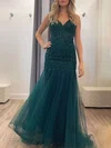 Trumpet/Mermaid V-neck Tulle Floor-length Prom Dresses With Appliques Lace #Milly020121068