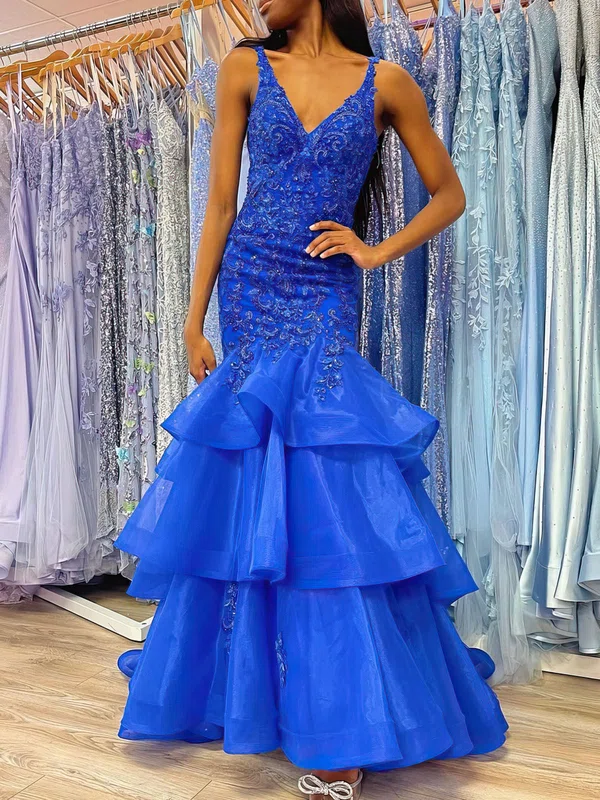 Trumpet/Mermaid V-neck Organza Sweep Train Prom Dresses With Beading #Milly020121076