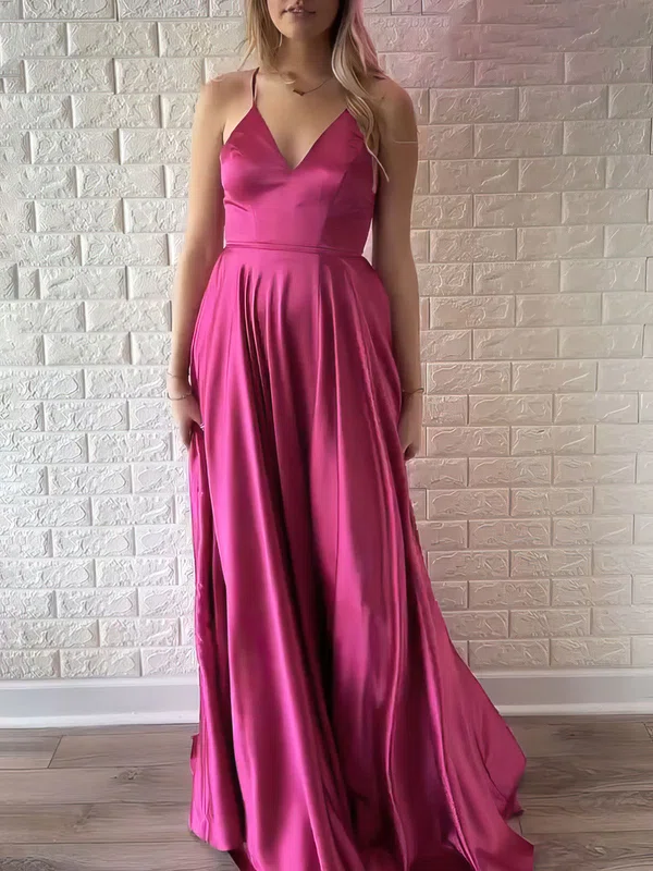 A-line V-neck Silk-like Satin Floor-length Prom Dresses With Split Front #Milly020121080