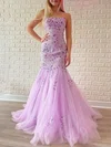 Trumpet/Mermaid Square Neckline Tulle Sweep Train Prom Dresses With Appliques Lace #Milly020121106