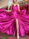 A-line V-neck Silk-like Satin Sweep Train Prom Dresses With Split Front #Milly020121117