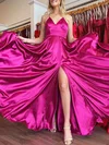 A-line V-neck Silk-like Satin Sweep Train Prom Dresses With Split Front #Milly020121117