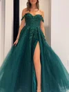 Ball Gown/Princess Off-the-shoulder Tulle Glitter Floor-length Prom Dresses With Appliques Lace #Milly020121146