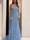 Trumpet/Mermaid V-neck Tulle Sweep Train Prom Dresses With Appliques Lace #Milly020121147