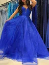 Ball Gown/Princess V-neck Tulle Glitter Sweep Train Prom Dresses With Appliques Lace #Milly020121148