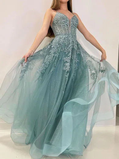 Ball Gown V-neck Tulle Corset Prom Dresses With Appliques #Milly020121158